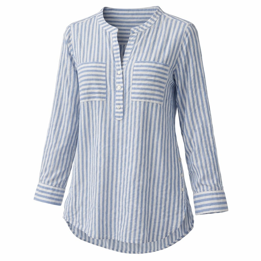 Talbots Plus Blue White Striped Metallic Cotton Tunic Blouse 1X Roll Tab Sleeve